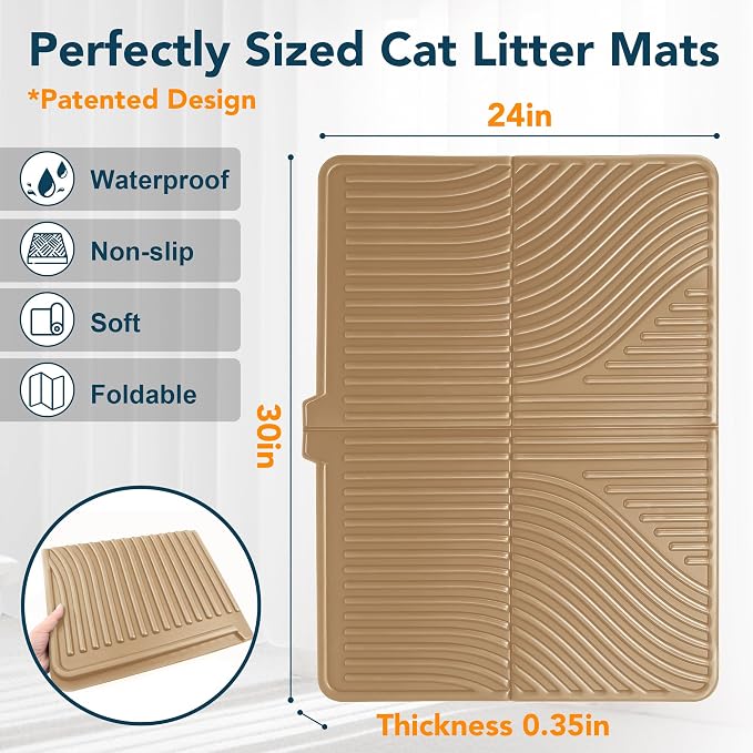 UPSKY Large Cat Litter Mat 31" x 24 Waterproof and Washable, Soft on Paws | Litter Catcher Pad, Cat Litter Trapping Mat, Scatter Control, Fits Most Litter Boxes, Use for Dogs & Cats, Khaki