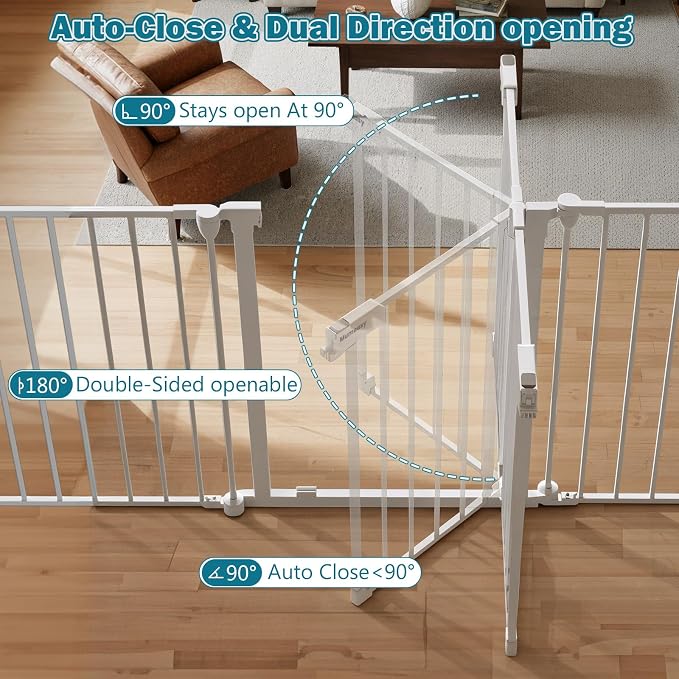 Mumeasy 80" Extra Wide Baby Gate for Doorways & Stairs, Dog Gate Indoor | Hardware Mounted Pet Gate, Auto Close Walk Thru Door, Large Child Safety Fence for Outdoor, Deck, Yard, 3 Metal Panels, White