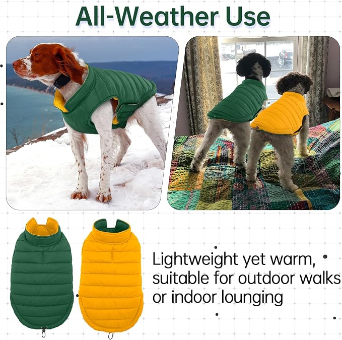 Lelepet Reversible Dog Coat Windproof Dog Jacket Lightweight Puffer Vest | Dogs Puffer Coat for Large Dogs Adjustbale Hook & Loop Pet Apparel Cold Weather Coats with Leash Hole, Pitbull, Green, XL