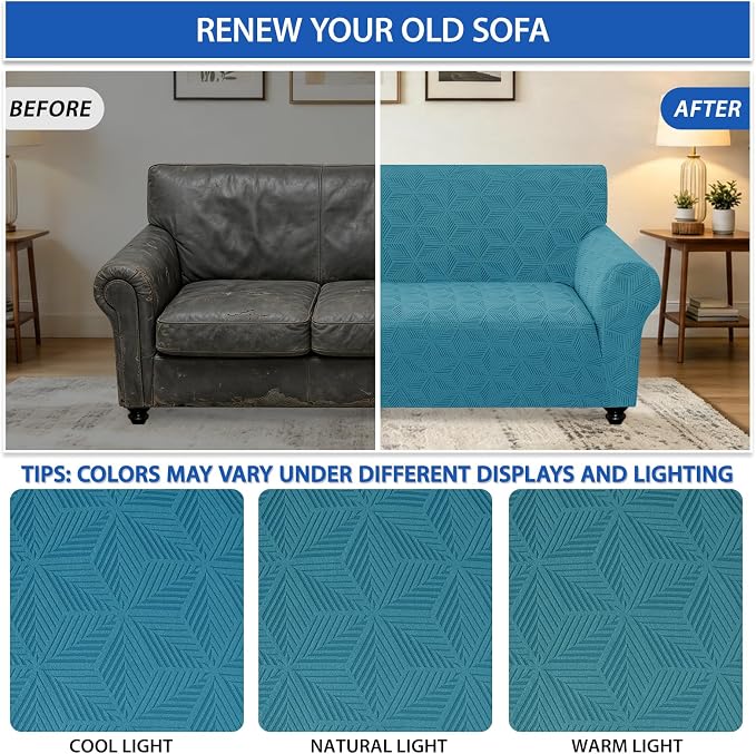 ZNSAYOTX Stretch Couch Cover, 1 Piece Sofa Covers for 3 Cushion Couch, Jacquard Sofa Slipcovers with Elastic Bottom Thickened Furniture Protector for Dog Cat Pet (Large, Peacock Blue)