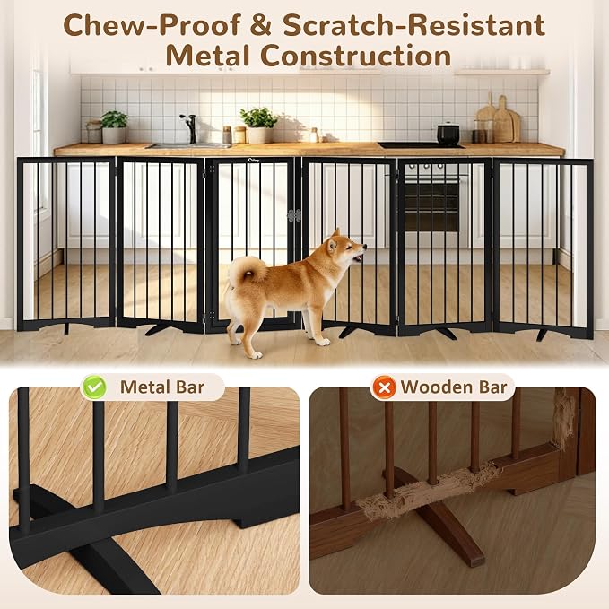 32" Extra Tall Free Standing Dog Gate Indoor, Foldable Pet Gate | for Doorways Stairs, 6-Panel Dog Gate with Door No Drilling, Folding Puppy Gate with Support Feet for Stability, 106"x32"