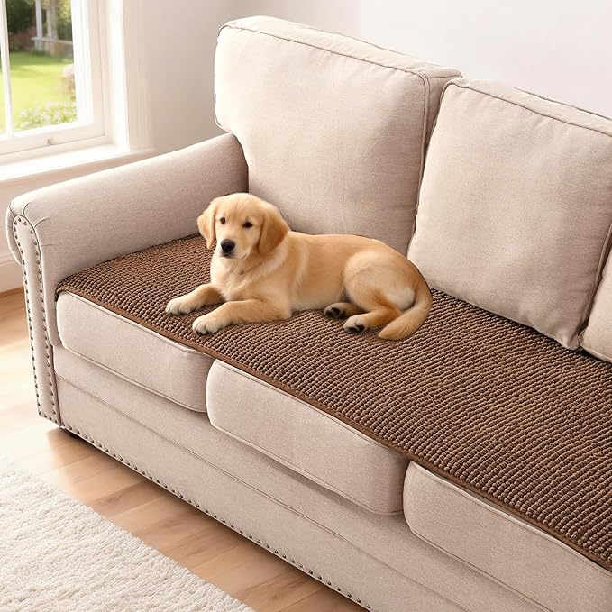 H.VERSAILTEX Plush Chenille Couch Cover for 3 Cushion Couch Anti Slip Washable Sofa Slipcovers Soft and Durable Furniture Protector for Dogs Cats Kids (27.5" x 71", Caramel)