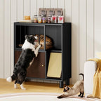 Dog Proof Cat Feeding Station, Metal Cat Feeding Cabinet, Black | Elevated Cat Feeding Station, Pet Food Station with Storage, Cat Bowl Stand, Scratching Board, Stainless Steel Bowls