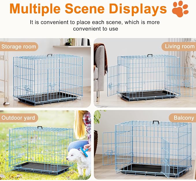 FDW 24inch Dog Crate Pet Cage with Metal Folding Design Plastic Tray Indoor Outdoor Dog Kennel Cage for Small Dogs,Blue