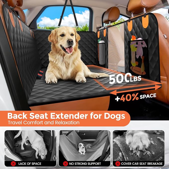 Dog Seat Cover for Back Seat,Hard Bottom Car Seat Cover for Dogs | Back Seat Extender for Dogs Holds 500lbs,Waterproof Rear Seat Pet Cover,Dog Hammock Travel Accessories for Car,SUV,Truck