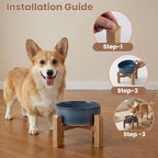 hjn Elevated Ceramic Dog Bowl with Bamboo Stand, Raised Pet Feeding Station for Small Medium Dogs Cats, Modern Design with Anti-Slip Base (Deep Blue, 3.6Cup)