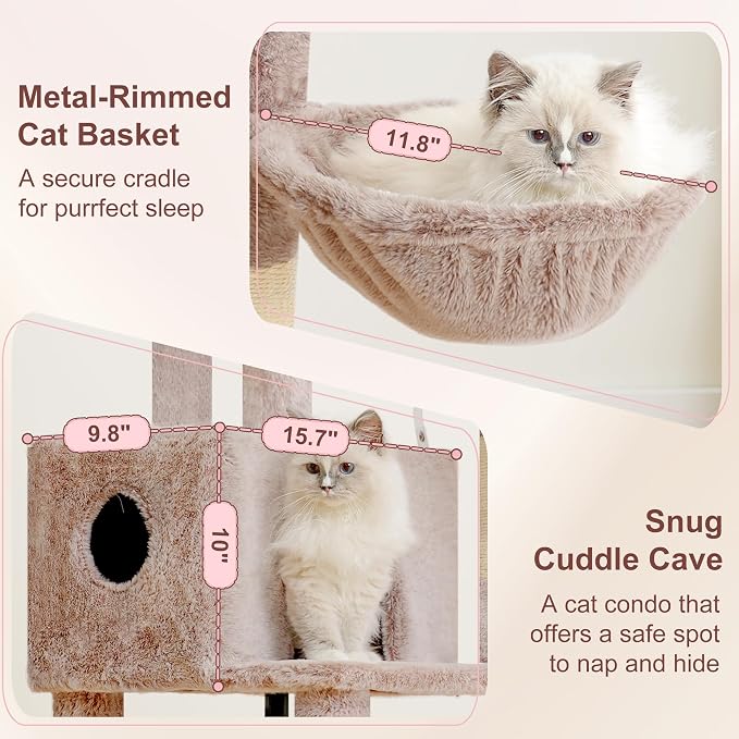 Heybly Cat Tree, 45.3" Cat Tower for Indoor Cats with Large Perch HCT202SMU | All-in-One Cat Furniture with Cozy Bed, Hidden Space Cat Condo, Comfy Hammock, Scratching Posts & 3 Pompoms, Rosy Brown