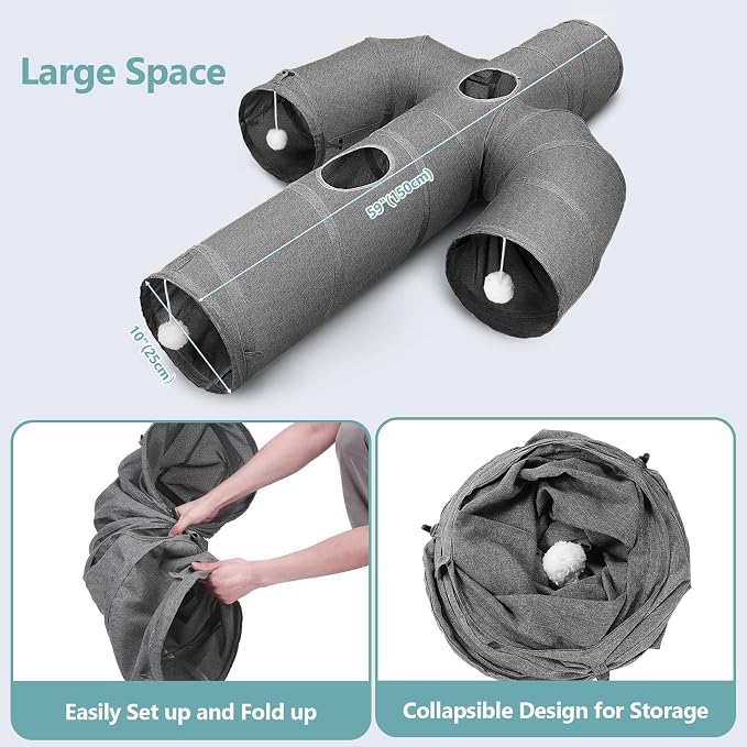 Ownpets Cactus Cat Tunnel 10" with Peek Holes for Indoor Large Cat, Grey | Durable Oxford fabric, noise-free, foldable & connectable, multi-cat friendly, tube for cats up to 20lb, includes ball & wand