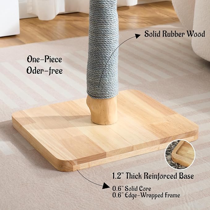 29" Tall Solid Wood Cat Scratching Post for Indoor Cats, Extra Stable Heavy Base, Natural Sisal Scratcher with Hanging Ball, Furniture Protector for Kittens & Adult Cats, Grey