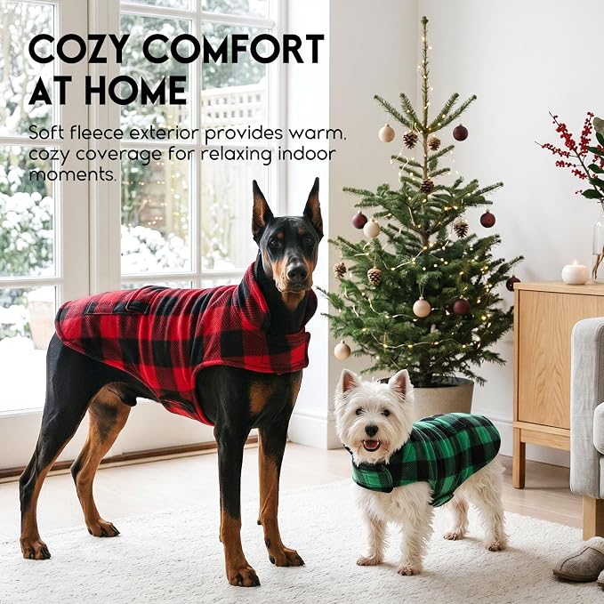 ASENKU Reversible Dog Winter Coat, Dog Jacket for Small Medium Large Dogs | Windproof Plaid Fleece Lining for Cold Weather, Water-resistant Outer Shell, Puppy Puffer Vest with Leash Hole, Red 2XL