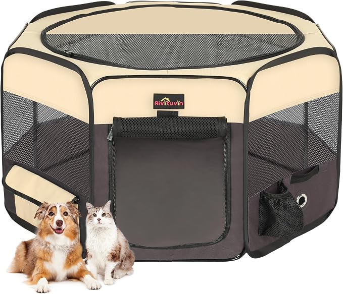 Aivituvin Portable Pet Playpen, Foldable Dog Tent Crate Cage for Puppies and Cats, Exercise Pop Up Dog Kennel with Carrying Case Indoor Outdoor, Waterproof and Zipper Top Cover Door, Brown