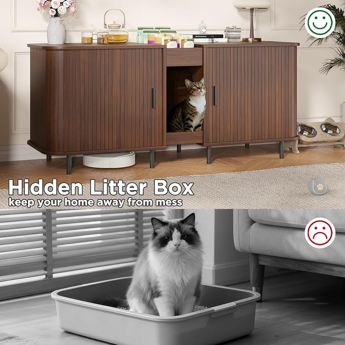 Double Litter Box Enclosure for 2 Cats, 55" Litter Box Furniture Hidden with Cat Scratch Pad, Large Indoor Cat House with Double Room, Wooden Litter Box Cabinet, TV Stand, Walnut