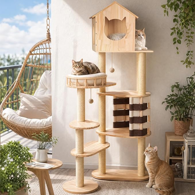 63.8 Inch Large Solid Wood Cat Tree, Modern Cat Tower for Indoor Cats, Cat Condo with Top Hideaway, Sisal Scratching Posts, Washable Cushion, Hanging Balls, Natural