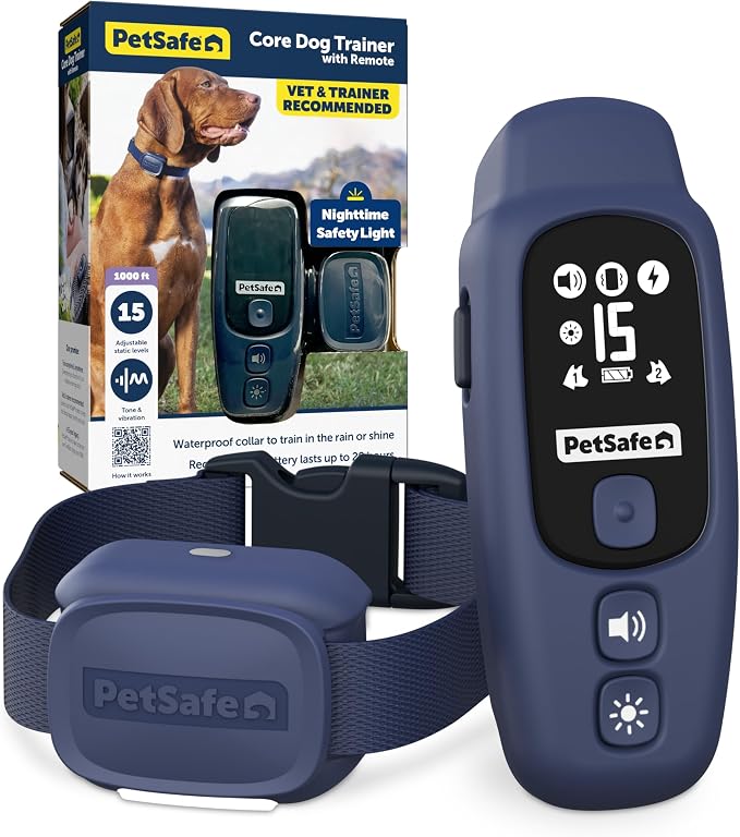 PetSafe Core Dog Trainer Remote Collar, 1000 Ft Range, 15 Static Levels | Tone/Vibration//15 Levels of Static, Waterproof Collar, 1000-Ft Range for Off-Leash Obedience Training