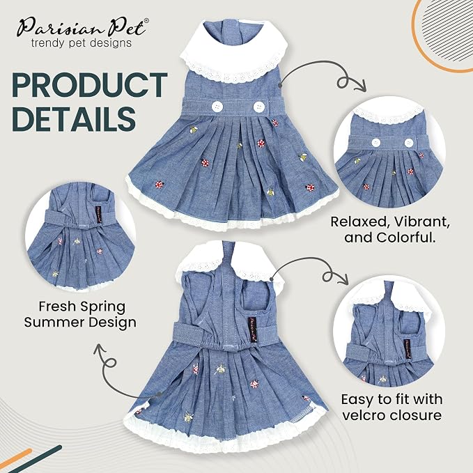 Parisian Pet Dog Overall Dress - Spring Summer Clothes for Small Dogs Girl - Floral Denim Pet Dress - Stylish Dog Outfit - Lightweight and Breathable Puppy Clothes - Sleeveless Dresses for Dogs