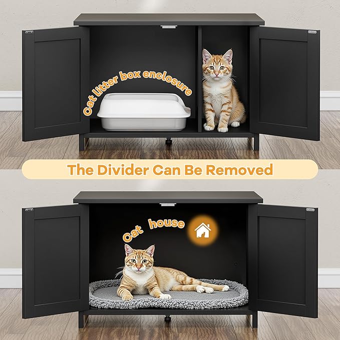 Shintenchi Cat Litter Box Enclosure, Litter Box Furniture Cabinet Hidden with Removable Divider, Wooden Cat House with End Table, Black, 31.5 inch