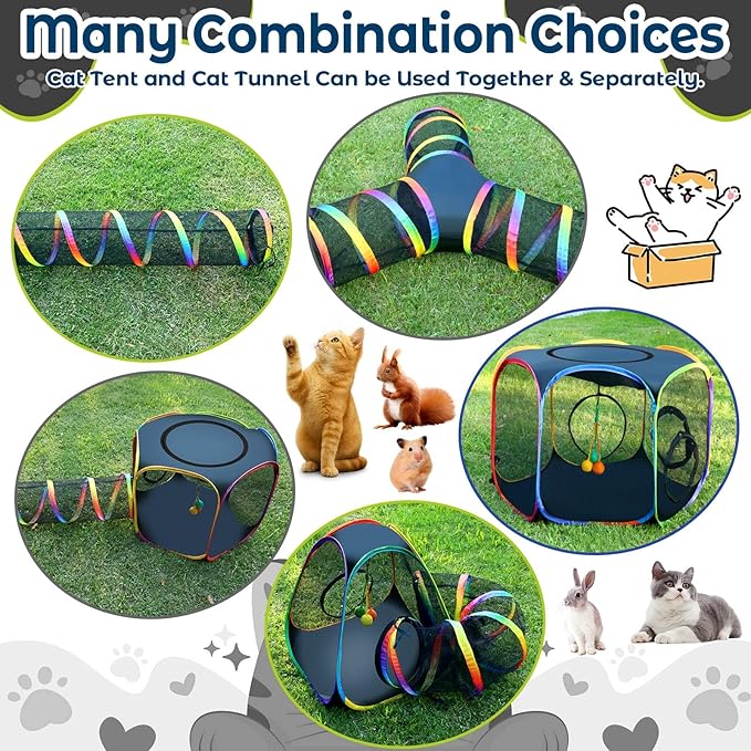 CypherX Outdoor Cat Enclosure, Portable Cat Tent with Tunnel Popup Catio | 7-in-1 modular design: 3 tents, 9.8" wide tunnels, scratch balls & storage bag. Durable setup for small animals & cats.