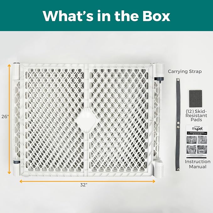 MyPet Petyard Passage: 5.5 Ft. Wide Customizable Folding Dog Playpen with Passage Flap-Door for Indoor/Outdoor. Made in USA. 6-Panel Puppy Playpen. Freestanding Play Pen Dog Gate 26" Tall, Light Gray