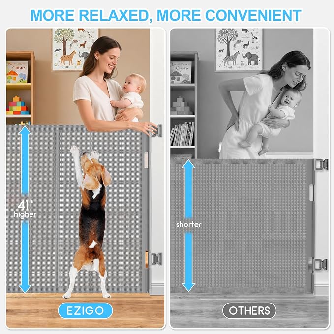 EZIGO 120 Inch Retractable Baby Gates, 41 Inch Extra Tall Retractable Gate | Reinforced Retractable Dog Gate with Rods, 10 FT Extra Long Mesh Pet Gate for Stairs Hallways Doorway Indoor Outdoor, Gray