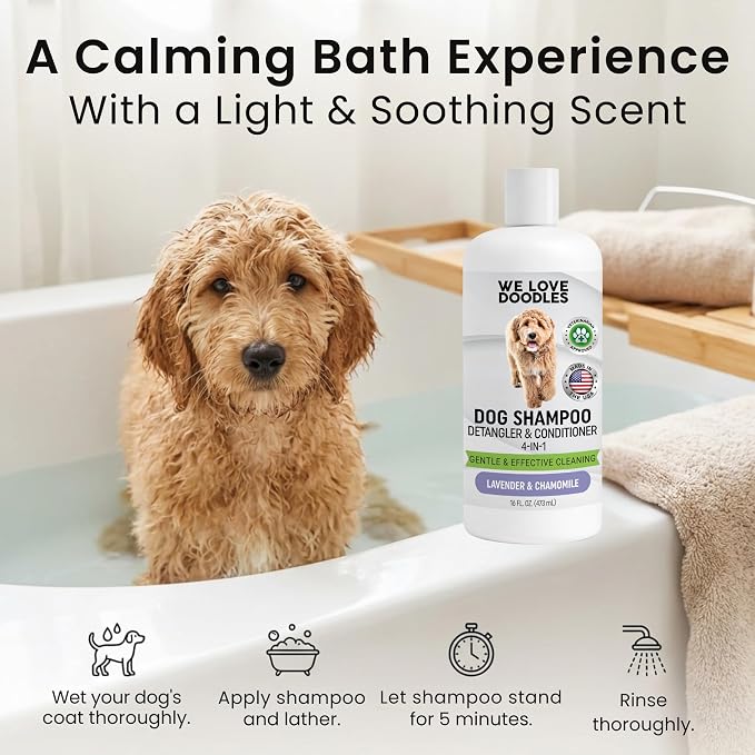 Dog Shampoo, Conditioner & Detangler, Hypoallergenic Tearless Lavender 16OZ | For Sensitive Itchy Skin, Best Shampoo For Smelly Dogs, Goldendoodle, Poodle & Doodle, Puppy Pet Wash Soap, USA Made, 4-in-1