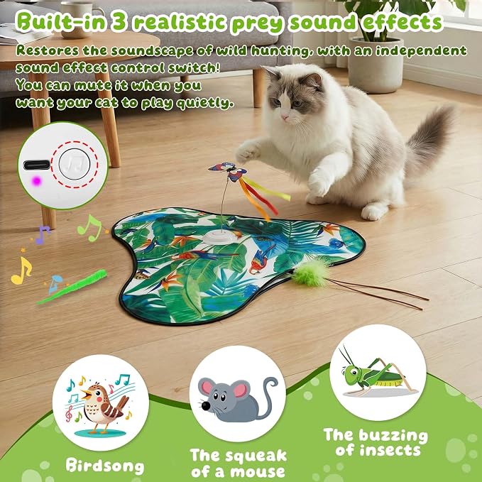 Cat Toys Interactive Rechargeable,Moving Concealed Feathers(Green) | Real Mouse Squeaky,Touch Activated Cat Kitten Toy Exercise Toys for Indoor Bored Adult Cats