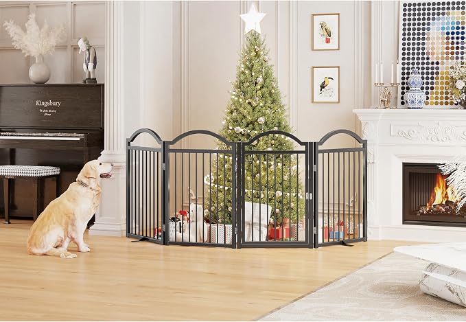 BHG Metal No-Assembly Freestanding Dog Gate with Door Walk Through, Extra Wide 96", Extra Tall 32" Pet Gate, Accordion Puppy Folding Playpen Dog Fence for Indoor & Outdoor, with 2PCS Support
