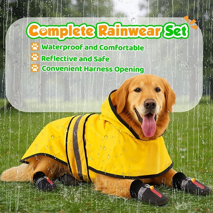 Dog Raincoat and Shoes for Weighing 50-70lbs, Spring Summer Waterproof Dogs Boots & Paw Protectors, Adjustable Pet Poncho with Leash Hole for Large Medium Small Dogs, Yellow(Single Side)