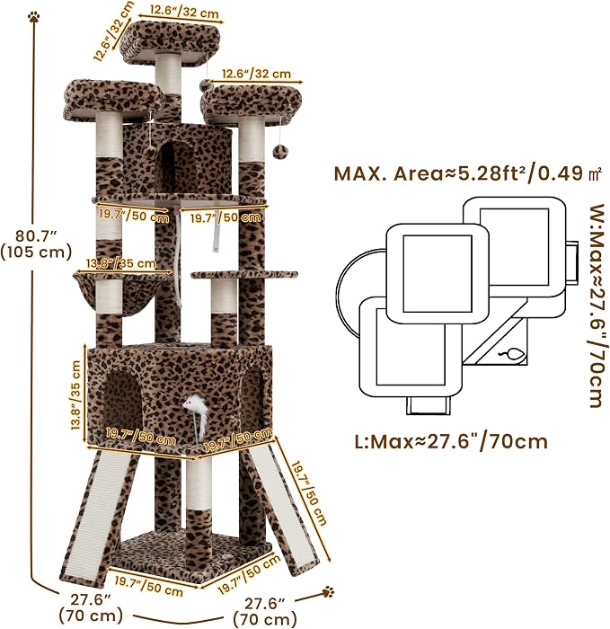 Cat Tree, 81.1" Tall Heavy Duty Cat Tower for Large Cats VCT032BW | Cat Furniture with 3 Wide Platforms, Diamond-Shaped Condo 2 Sisal Scratchers, Hammock & Stable Base, Leopard Print