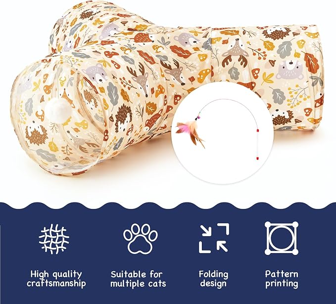 Tempcore Cat Tunnel for Indoor Cats, 3 Way Collapsible Pet Play Tunnel with Teaser Wand, Peek Holes & Hanging Ball, Interactive Tube for Kittens & Rabbits, Beige Deer