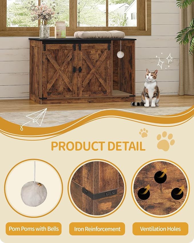 Hzuaneri Cat Litter Box Enclosure, Hidden Litter Box Cabinet Furniture | Indoor Cat House with Bell, Farmhouse Style, 31.5 x 19.7 x 20.9 Inches, for Hallway, Bedroom, Rustic and Black CB85201X