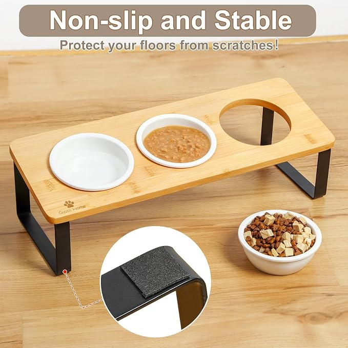 Sunhoo Raised Cat Food Water Bowl Elevated Tilted Kitty Dishes Set of 3 Ceramic Dish for Indoor Cats Orthopedic Pet Food Stand Reduces Vomiting 3 Bowl Cat Feeder Easy Assembly(Wood Color)