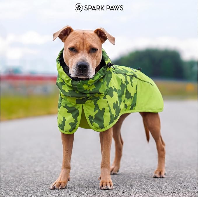 Spark Paws Dog Raincoat, Waterproof Windproof Rain Jacket, for Small Medium Large Extra Large Dogs, Reflective Breathable Full-Body Coverage Dry Suit - Camo Lime - L