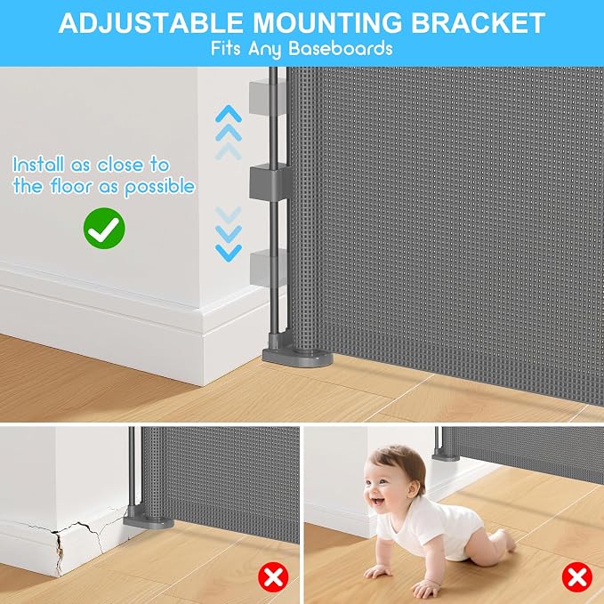 EZIGO 196 Inch Retractable Baby Gates, 41 Inch Extra Tall Retractable Gate | Reinforced Retractable Dog Gate with Rods, 16.3FT Extra Long Mesh Pet Gate for Stairs Hallways Doorway Indoor Outdoor, Gray