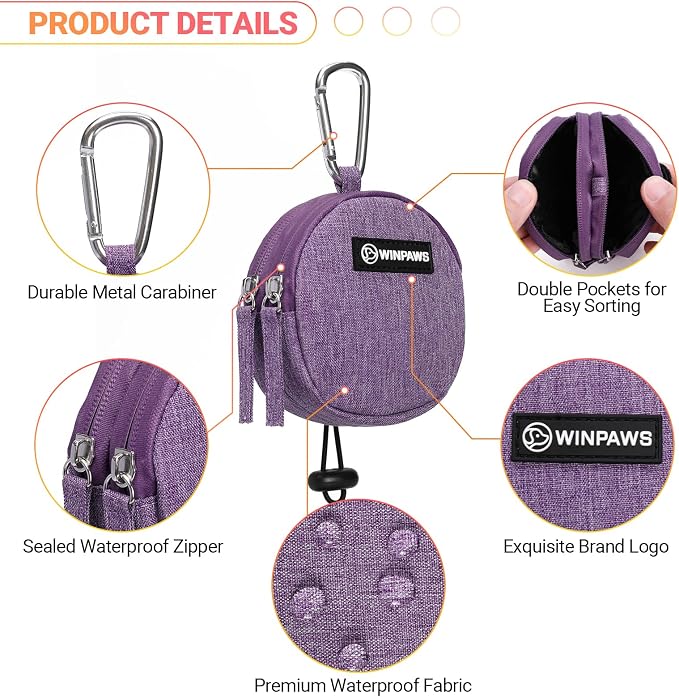 Dog Poop Bag Holder for Leashes- Dog Treat Pouch with Waterproof Zipper,Puppy Training Small Bag with Carabiner & Bungee Toggle,Two Pockets for Dry or Wet Treats-Pet Travel Walking Essentials (Purple)