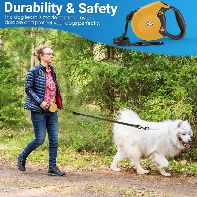 360°No Tangle 26 Ft Retractable Dog Leash for Dogs up to 99lbs | Heavy Duty Pet Walking Leash for Small Medium Large Dogs, Anti-Slip Handle, Strong Nylon Tape, One-Handed Brake, Yellow