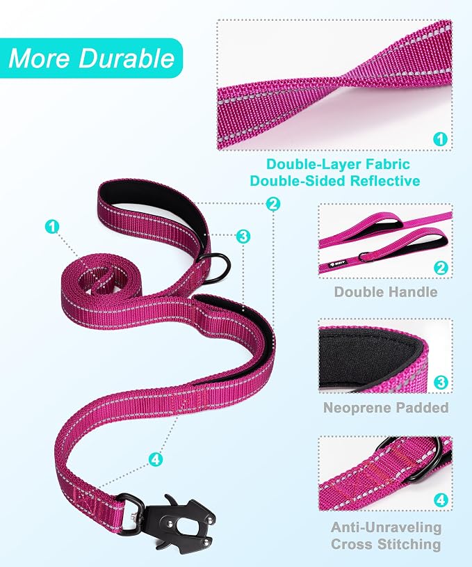 GEIT 4/5/6FT Heavy Duty Dog Leash with 2 Comfortable Padded Handles, Reflective Rope Leashes with Quick Release/Locking Tactical Frog Clip for Small Medium and Large Dogs, Rose