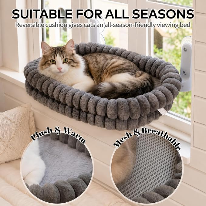 CHEERPALS Cloud Cat Window Perch for Indoor Cats Hammock Bed Foldable | Reversible Cushion Removable Washable, Breathable Soft All-Season, Sturdy Strong Suction Cups Support, Cordless(Grey,Large)