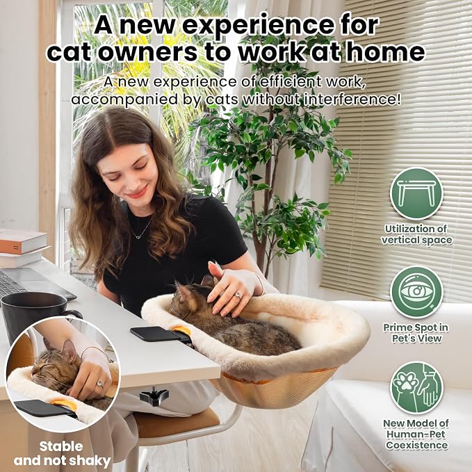 JUNSPOW Cat Desk Bed One-Click Folding Maximum Holds 40lb, Cream Fur | Sunken Design & Space-Saving Semi-Circular Cat Bed, Soft Faux Rabbit Fur Material, Suitable for Various Desktops