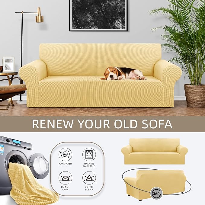 Stretch Couch Covers for Sofa, 3 Cushion Couch Slipcover,Champagne | 1-Piece Washable Sofa Cover Pet Friendly(78"-94") Furniture Protector Soft Jacquard, Elastic Bottom for Dogs & Kids