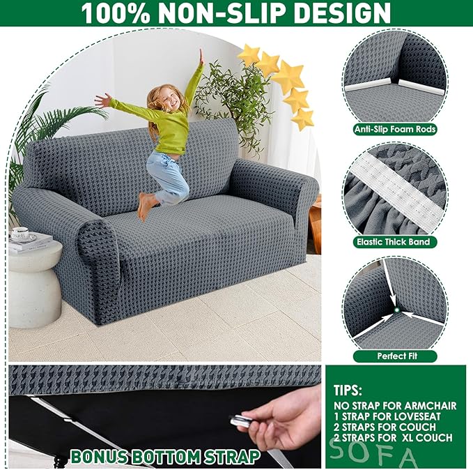 MAXIJIN Stretch Couch Cover Sofa Covers for 3 Cushion Couch (71"-91" Washable Sofa Slipcovers with Non-Slip Foam & Elastic Strap, Dog Cat Pet Friendly Furniture Protector (Large, Dark Gray)