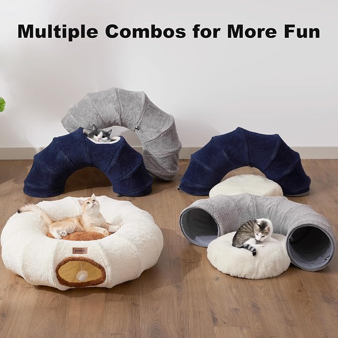 ZOMISIA Cat Tunnel Bed for Indoor Cats, Cute Cat Donut Toy Tunnel for Small Large Cats with Washable Circle Cushion, Peekaboo Pet Cave Play Tunnel for Kitten, Puppy, Navy Blue
