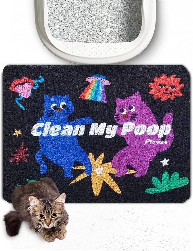 Lukamoo® Cute Cat Litter Mat (24’’X16’’), for Kitty Litter & Cat Litter Box, Independent Artist Designed [Neon Neko Series] (Disco)