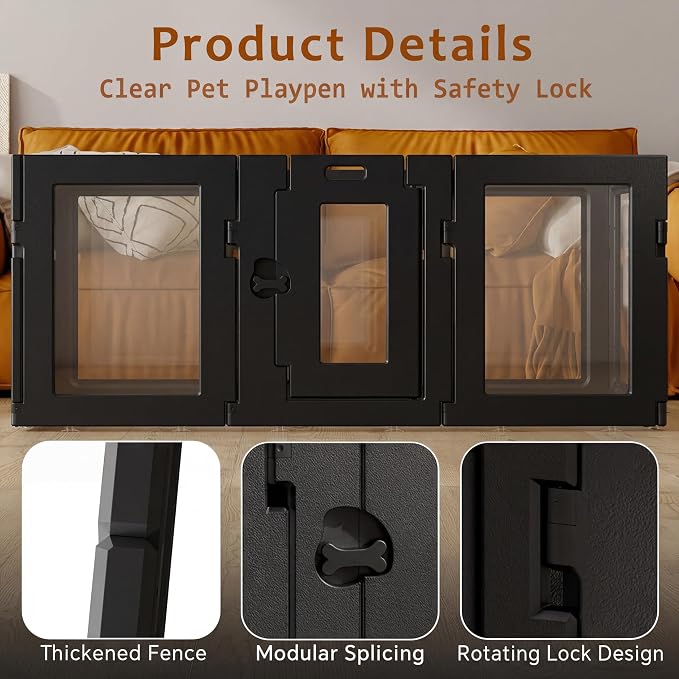 Clear Acrylic Dog Playpen Indoor, Puppy Cat Small Pet Play Pen, Easy Assemble & Disassemble Sturdy Plastic Dog Fence with Heavy Duty Door Lock (8 Panels - 24 in), Black