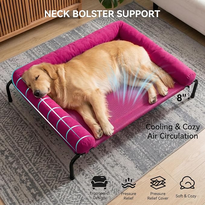 Cooling Elevated Dog Bed for Large Dogs, Portable Indoor & Outdoor Raised Dog Bed with Breathable Mesh, Chew Proof Pet Hammock Cots with Removable and Waterproof Bolsters
