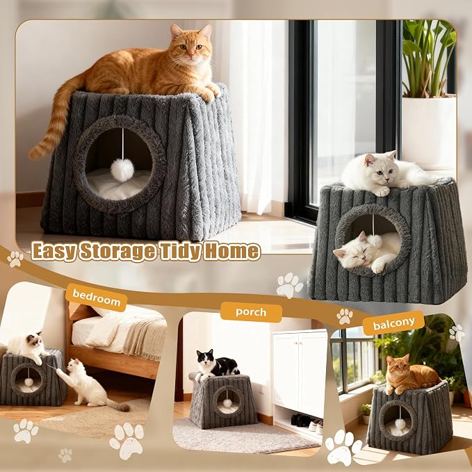 Dogpals Indoor Cat House - Large Cat Cave Bed with Fluffy Balls, Foldable Cat Bed Cave and Apartment with Pads, Suitable for Multiple Small and Large Cats, 18.5x15.4x15.4inches (Deep Grey, XL)