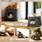 Dogpals Indoor Cat House - Large Cat Cave Bed with Fluffy Balls, Foldable Cat Bed Cave and Apartment with Pads, Suitable for Multiple Small and Large Cats, 18.5x15.4x15.4inches (Deep Grey, XL)