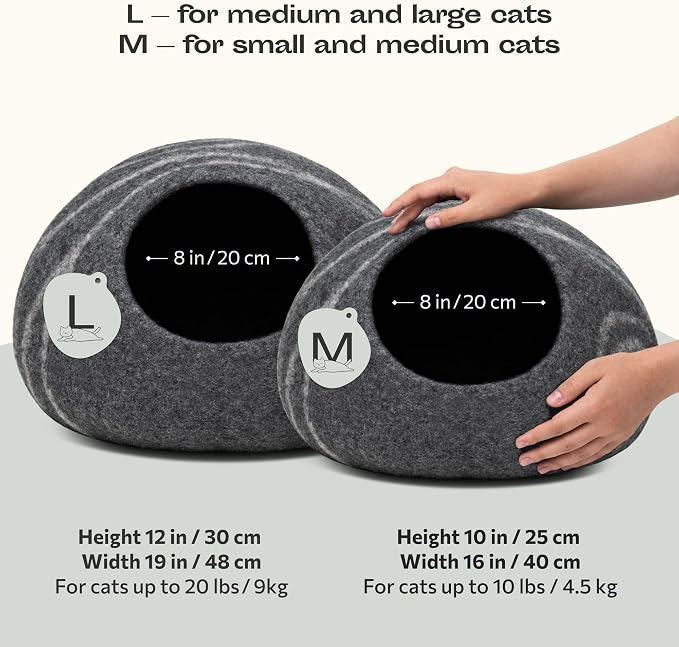 MEOWFIA Cat Cave – Premium Felt Cat Bed Enclosure for Indoor Cats, Handmade Merino Wool (Dark Grey, Large)