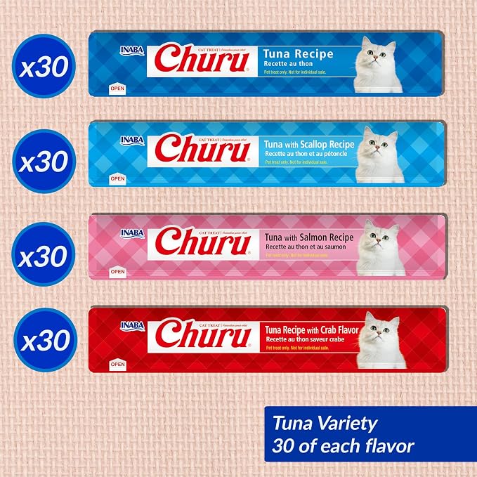 INABA Churu Cat Treats, Lickable, Squeezable Creamy Purée with Vitamin E, 0.5 Ounces per Tube, 120 Tubes Total, Tuna Variety