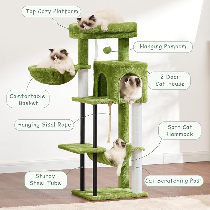 Gitelsnour Cat Tree, 43.3'' Cat Tower with Hammock for Kittens GCT004SGR | Cat Condo House for Small Indoor Cats, Basket, Scratching Post, Large Platform, Sturdy Steel Tube, Sisal Rope, Green