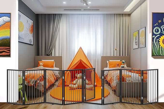 Vantas 160" x 32" Foldable Freestanding Extra Wide Dog Gate with Door,Black | Freestanding Dog Gate for Stairs and Doorways, Renter Friendly No Drill, Extra Wide, Easy Storage, With Support Feet